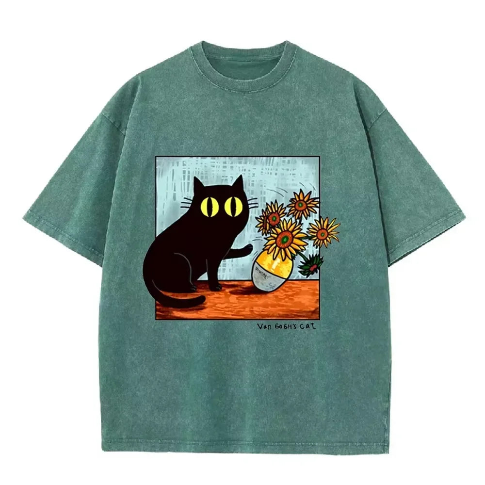 Funny Art Cat  Van Gogh's Cat Print Vintage Washed Blue Casual Graphic T Shirt