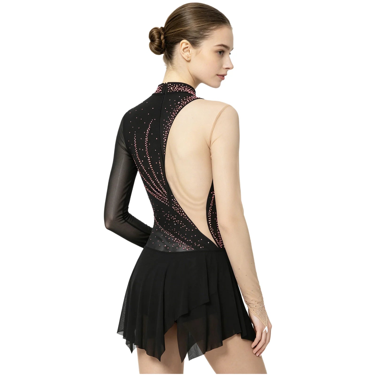 Women's Long Sleeve Rhinestone Dance Dress with Mesh and Open Back