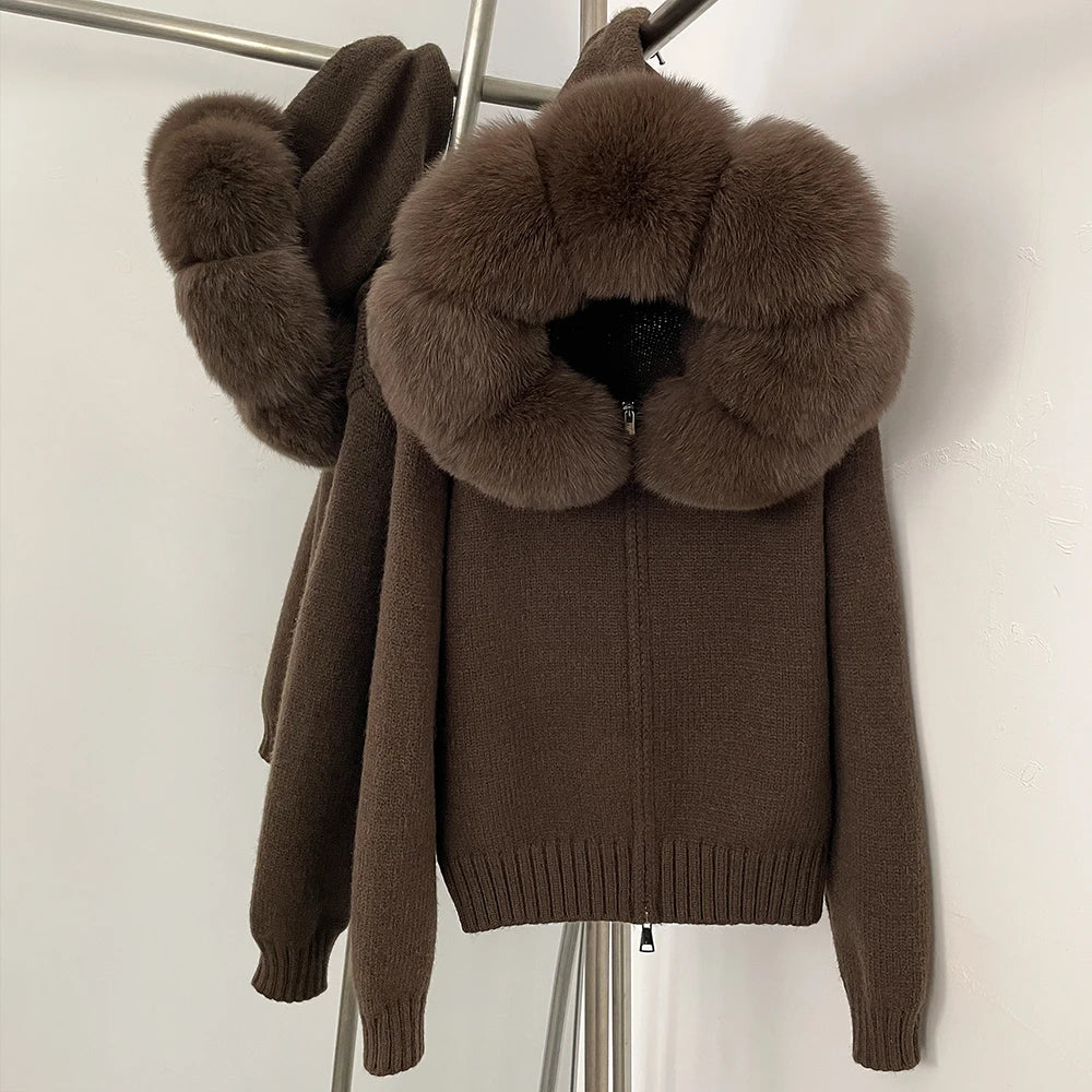 Women's Hooded Zip Front Fluffy Trim Jacket Casual Knit Layer