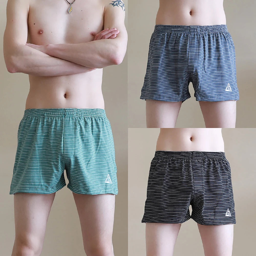 Men's Striped Elastic Waist Boxer Style Sleep Shorts