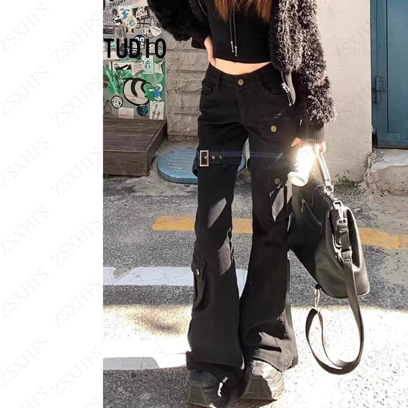 Women's Flared Cargo Pants with Side Pockets and Strap Details