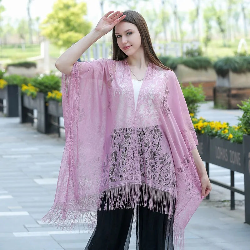 Long Lace Open Front Cardigan for Layering over Outfits