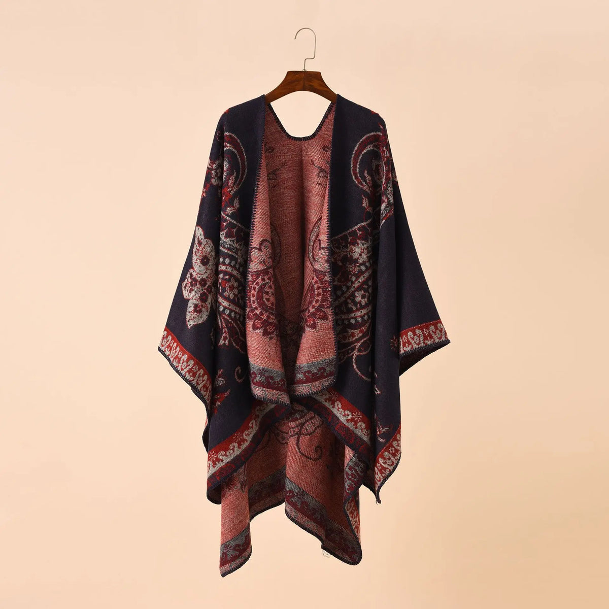 Paisley Border Open Front Poncho for Layering over Outfits