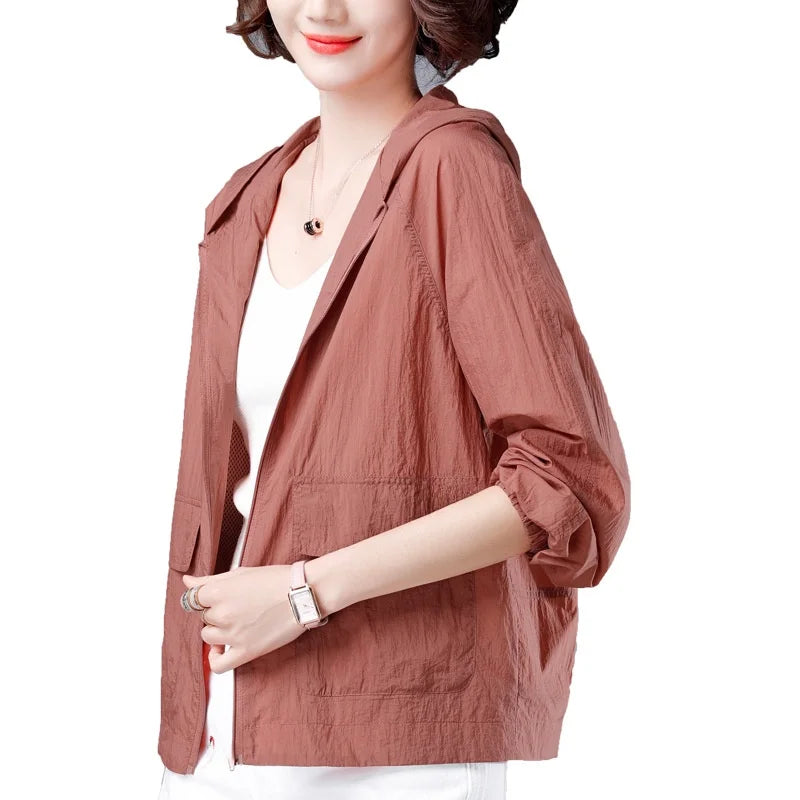 Hooded Short Sleeve Full Zip Casual Top for Layering