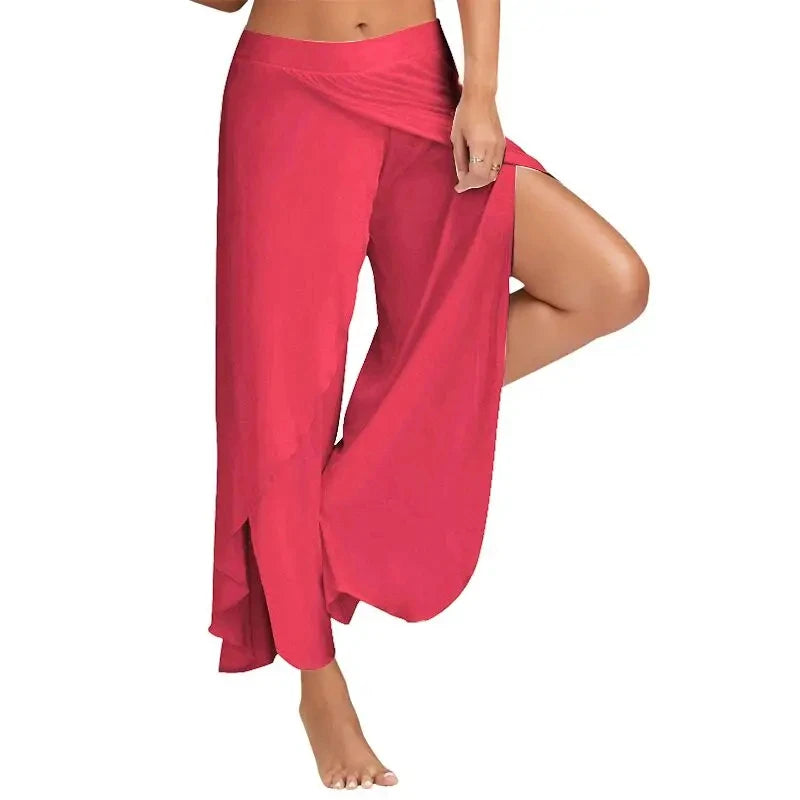 Women's Side Split Polyester Rayon Palazzo Pants with Flowing Wide Legs