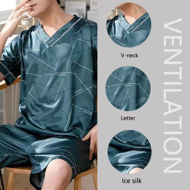 Men's Printed Short Sleeve Button Neck Top and Shorts Pajama Set