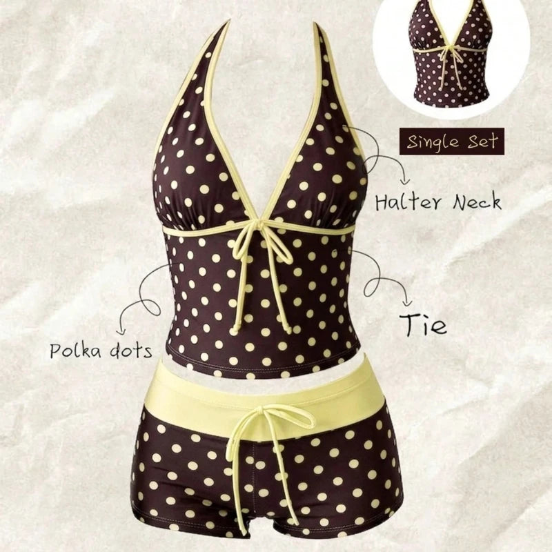 Polka Dot Halter Tankini with Swim Shorts