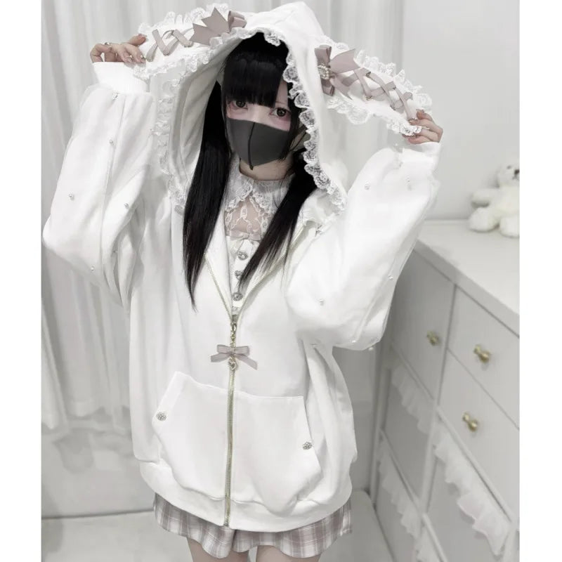 Rabbit Ear Long Sleeve Full Zip Casual Hoodie