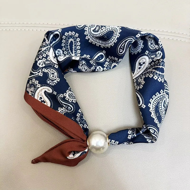 Printed Neck Scarf with Decorative Pearl Style Clasp Options