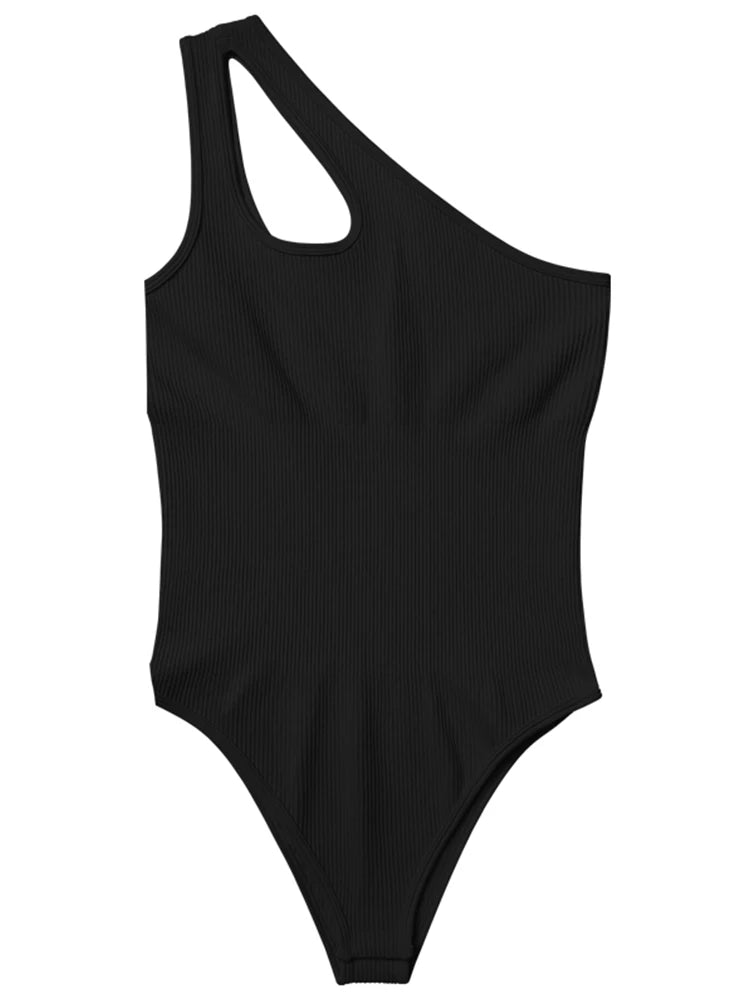 Women's One Shoulder Ribbed Nylon Blend Bodysuit with Strap Cutout