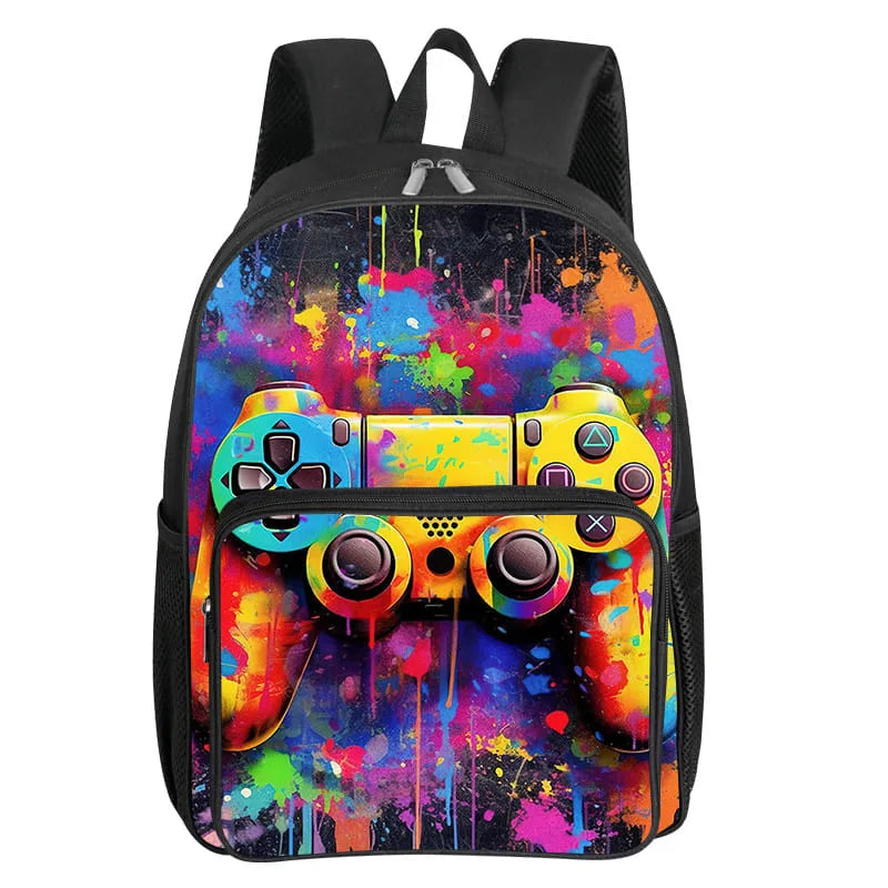 Children's Gamepad Print Backpack with Front Pocket and Twin Shoulder Straps