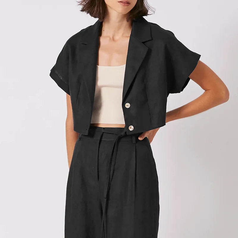 Women's Linen Notched-Collar Short-Sleeve Button-Up Cropped Shirt for Casual Summer Everyday Outfits