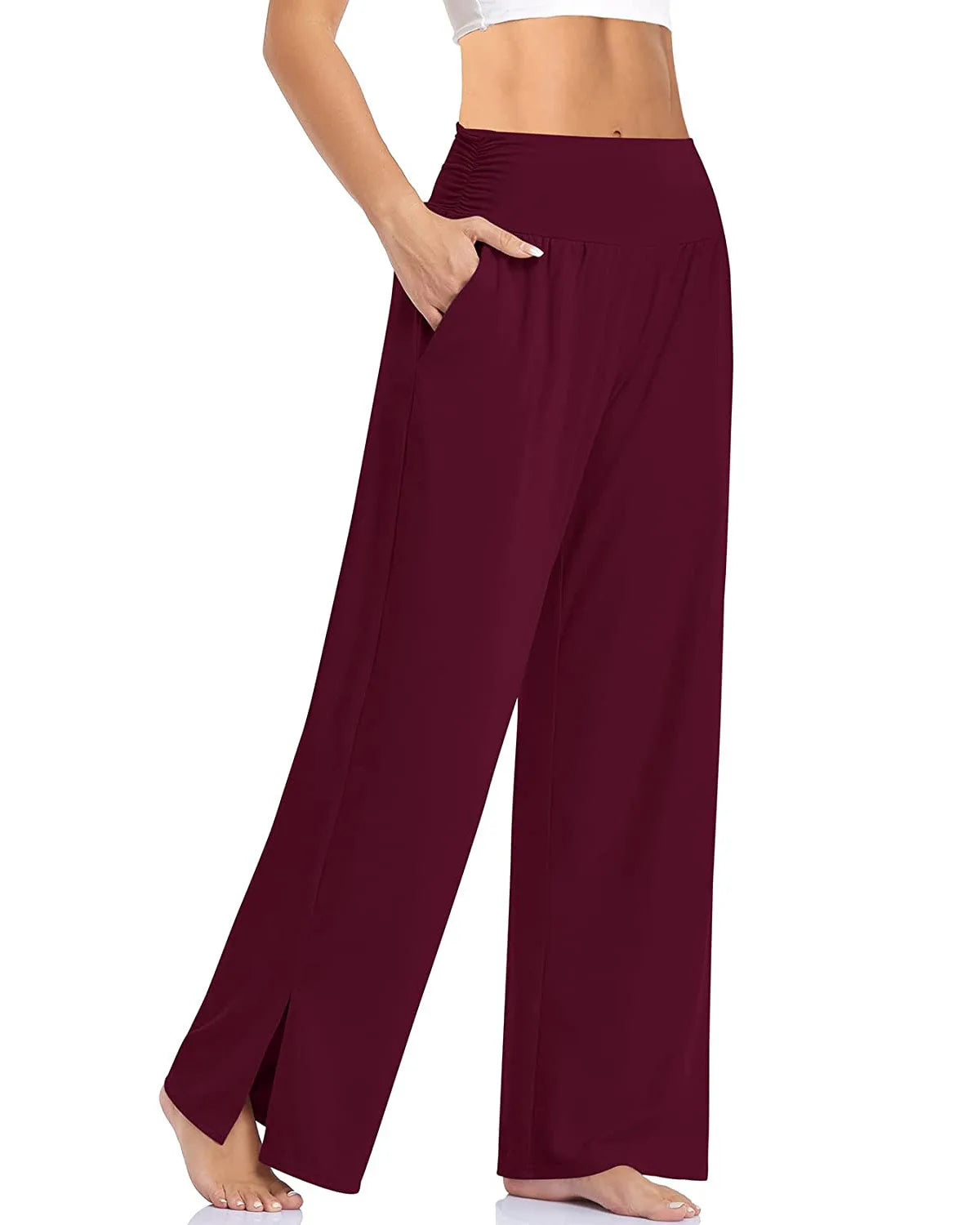 Women's High Waist Polyester Blend Wide Leg Pants with Ankle Slits