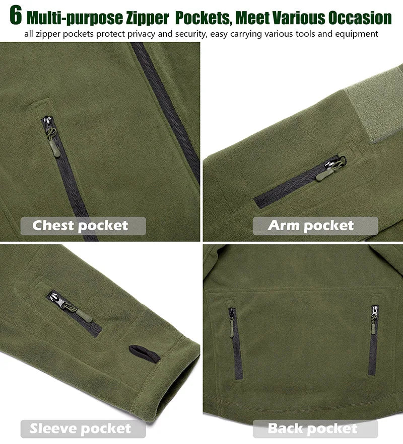 Men's Warm Tactical Fleece Jacket Zip Up Thicken Polar Hoodie Winter Outdoor Sport Hiking Hooded Coat Multi-Pocket