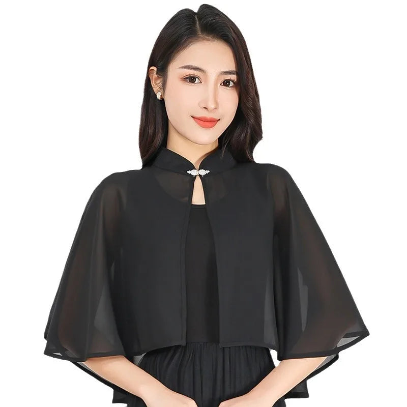 Clasp Front Chiffon Capelet for Layering over Dresses and Tops