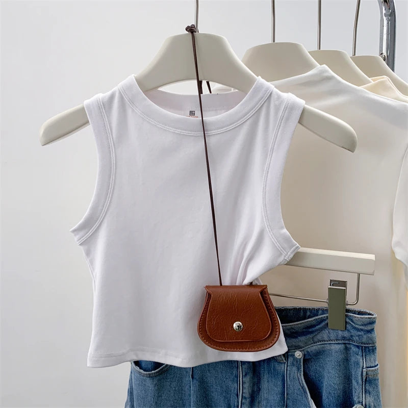 Women's Round Neck Cotton Blend Crop Tank Top with Sleeveless Cut