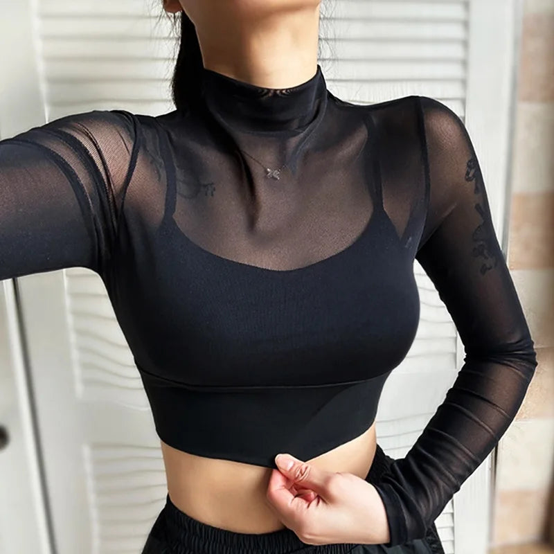 Women's Mesh-Panel High-Neck Workout Top