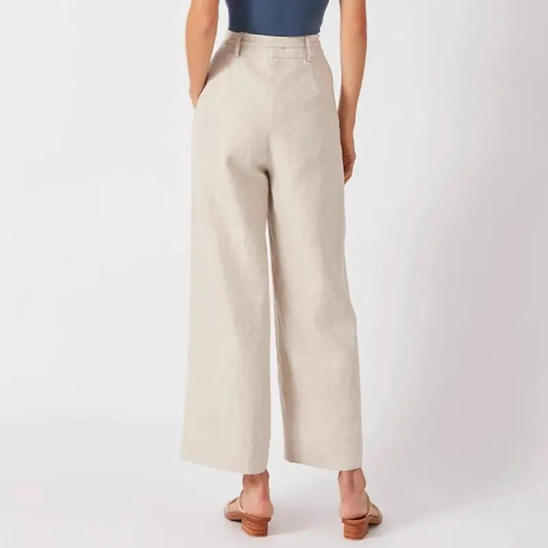 Women's Linen High-Waist Wide-Leg Pants with Tie Detail for Casual Everyday Outfits
