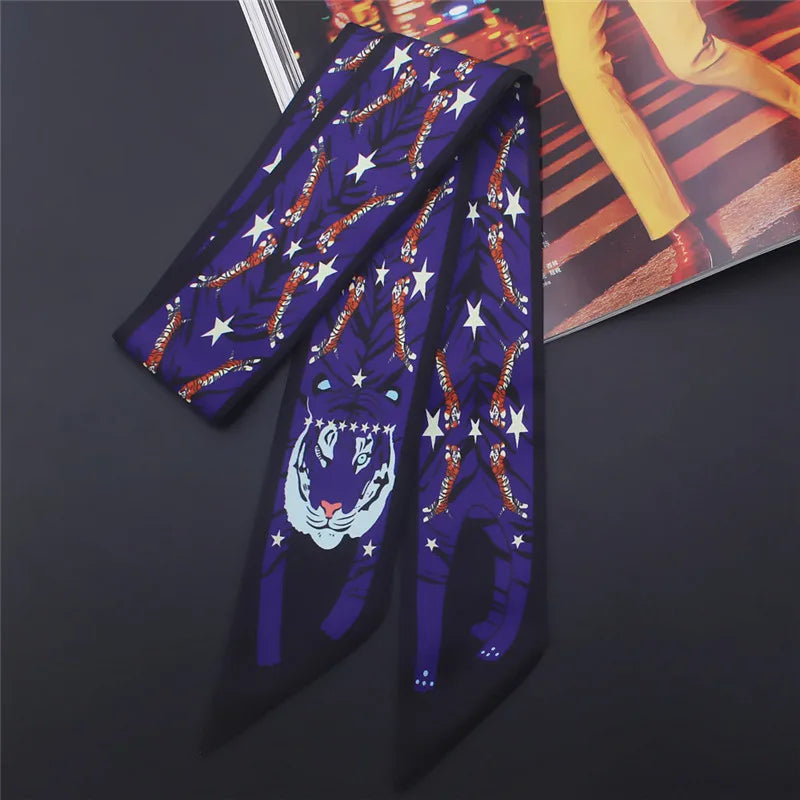 Animal Print Narrow Scarf with Pointed Tie Ends