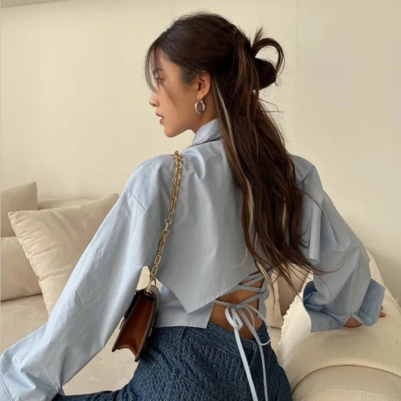 Women's Open Back Long Sleeve Tie Waist Shirt