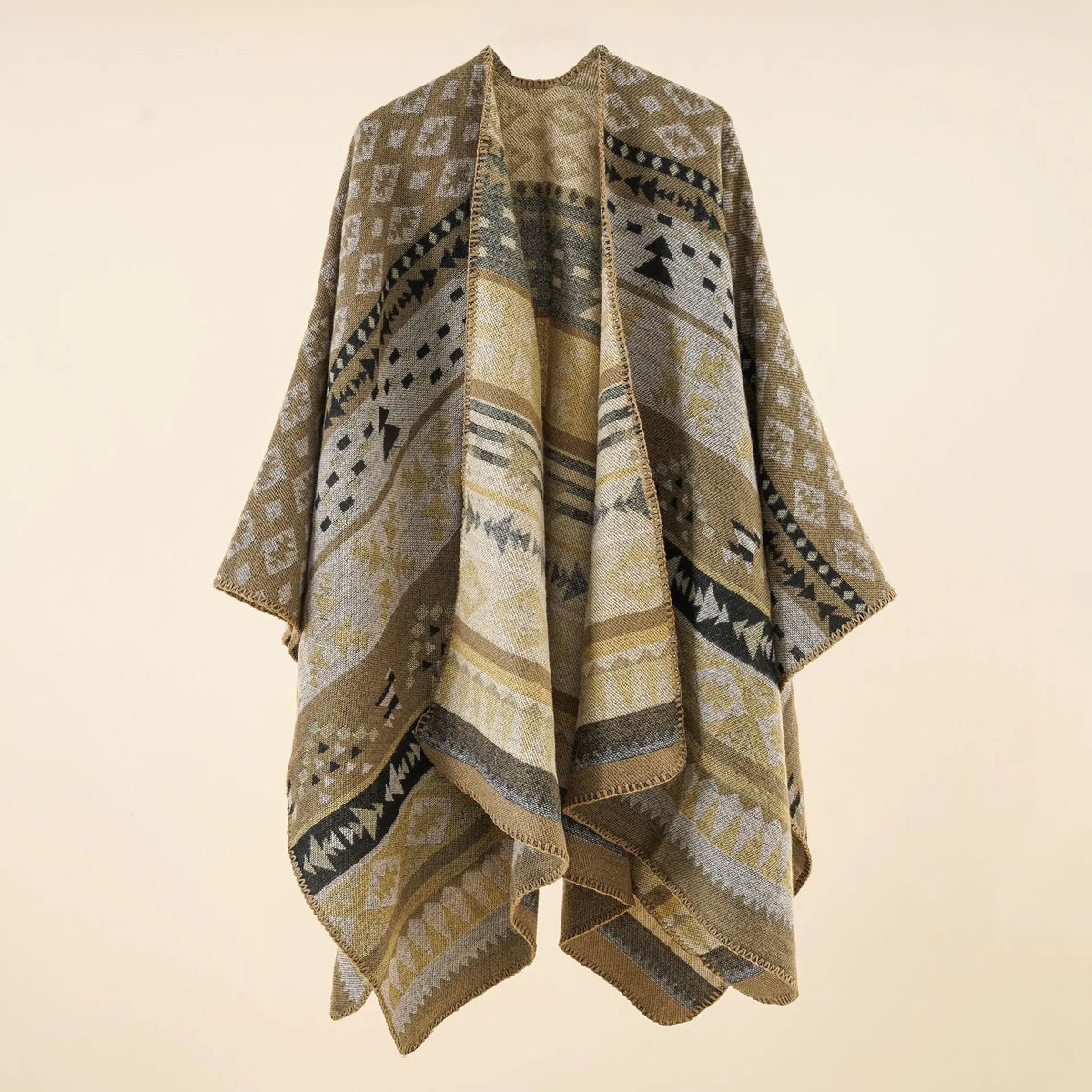 Geometric Pattern Open Front Poncho for Layering over Outfits