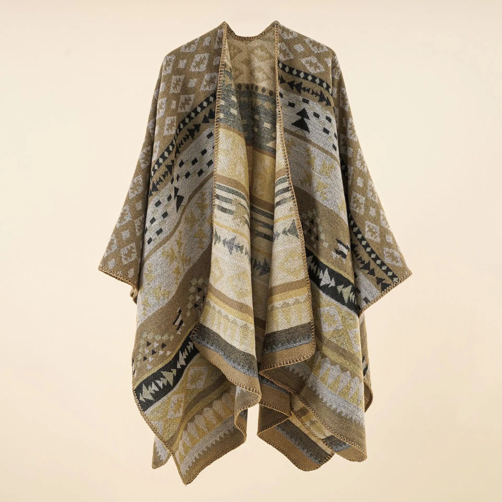 Geometric Pattern Open Front Poncho for Layering over Outfits