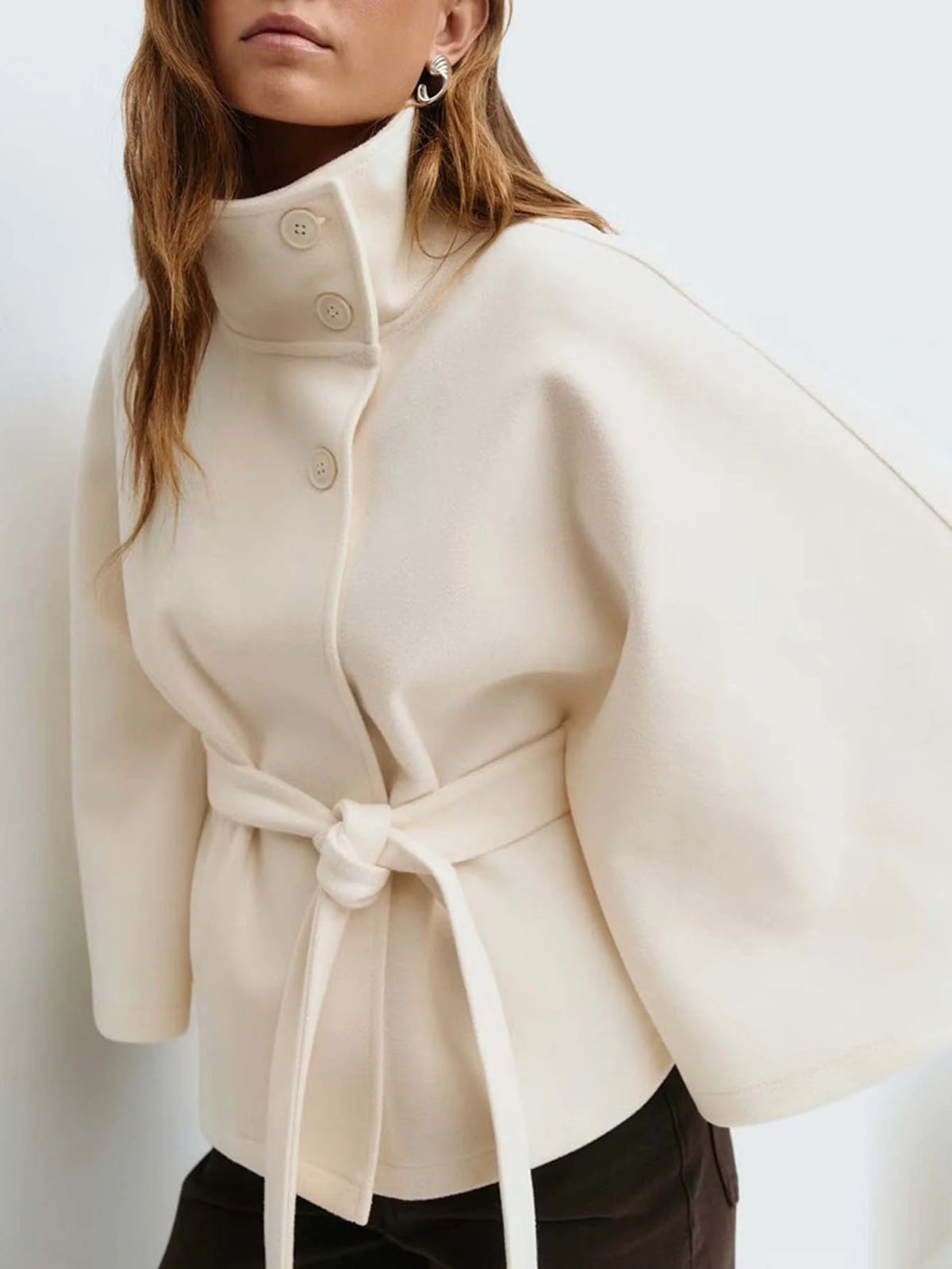 Belted Stand Collar Cape for Layering over Outfits
