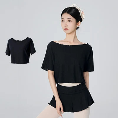 Women's Off Shoulder Cropped Ballet T-Shirt with Short Sleeve Design