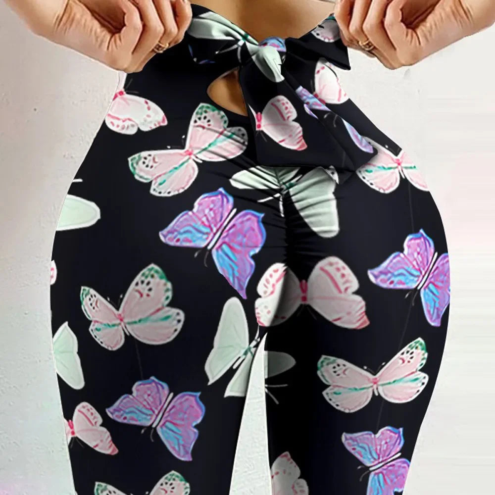 Women's High-Waist Printed Stretch Leggings with Tie Waist
