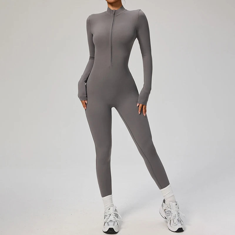 Women's Long Sleeve Nylon Blend Workout Jumpsuit with Zip Front Collar