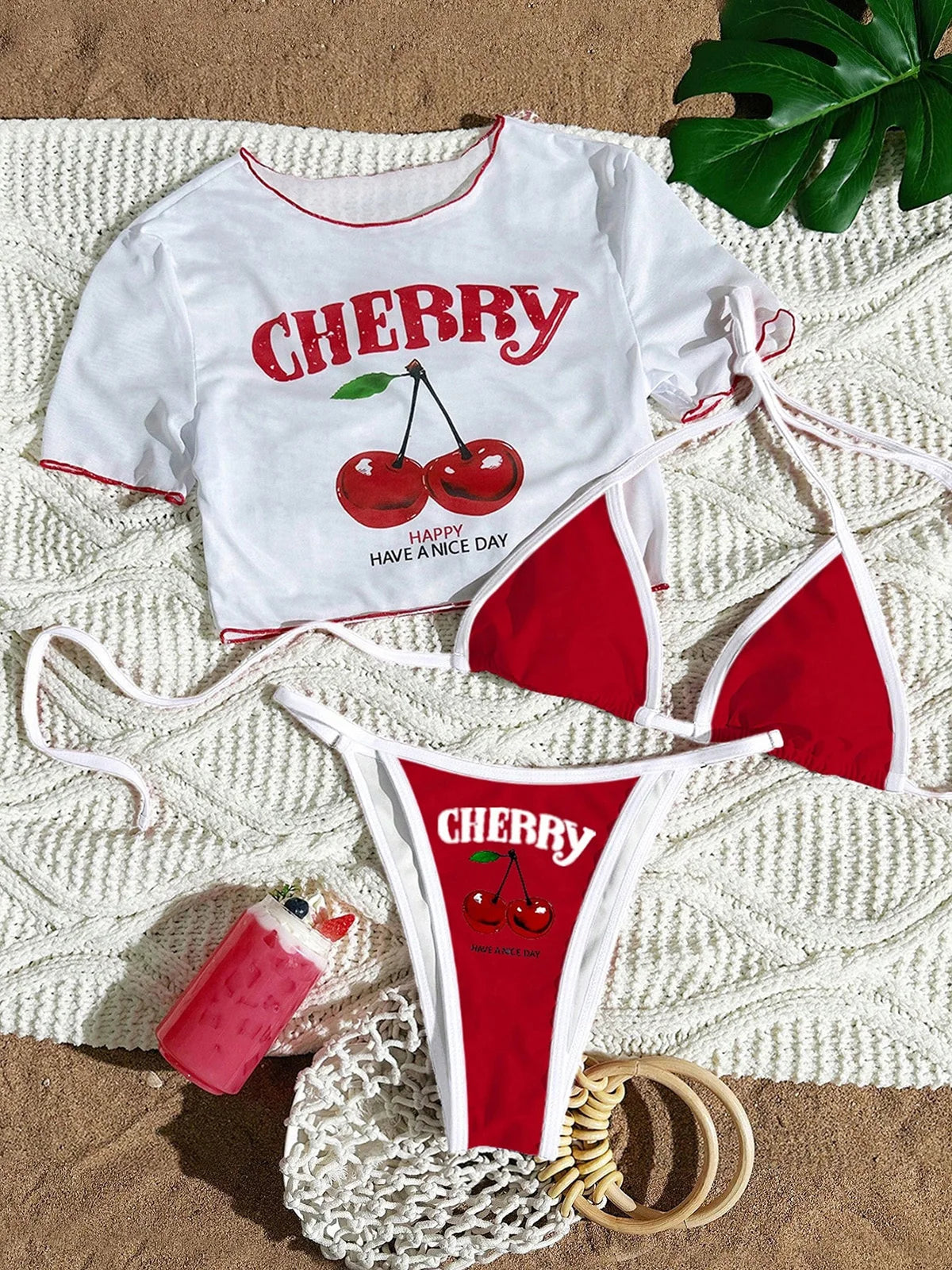Cherry Print Bikini with Short Sleeve Cover-Up