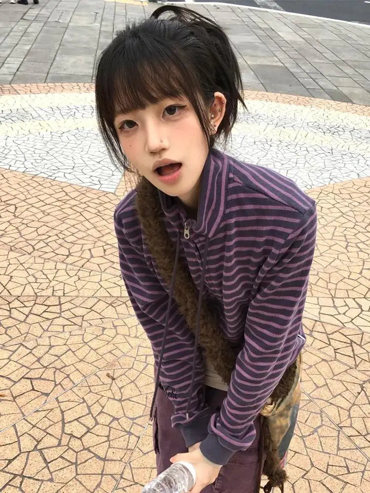 Striped Long Sleeve Front Closure Casual Jacket for Layering