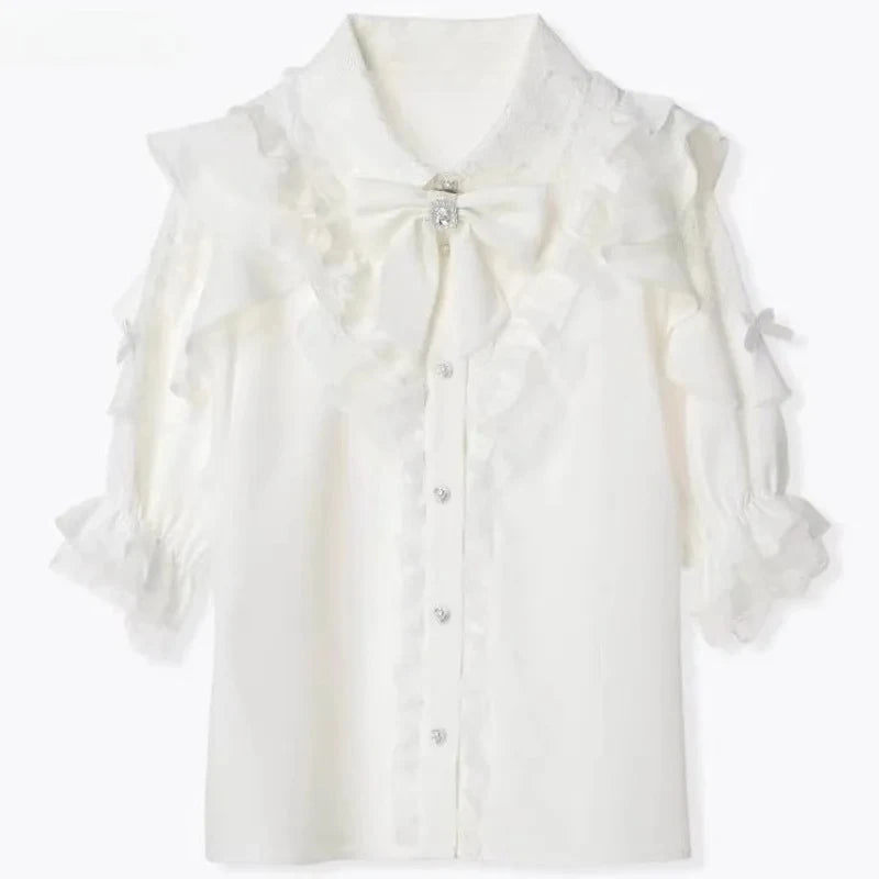 Women's Bow Front Ruffled Short Sleeve Blouse