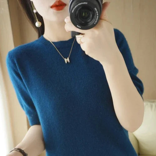 Women's Crew Neck Short Sleeve Sweater Casual Knit Layer