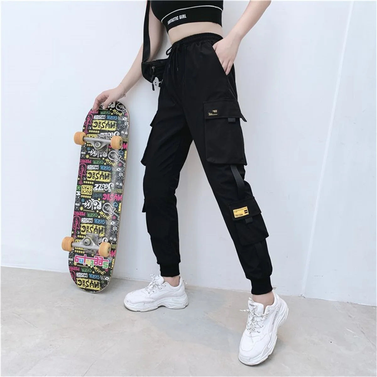Women's Black Cargo Joggers with Pocket Tabs and Gathered Lower Legs