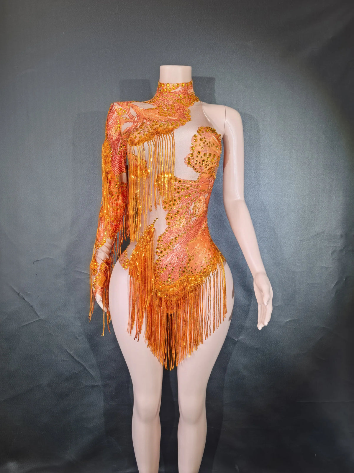 Women's Asymmetric Rhinestone Fringe Dance Bodysuit for Stage Performance Outfits