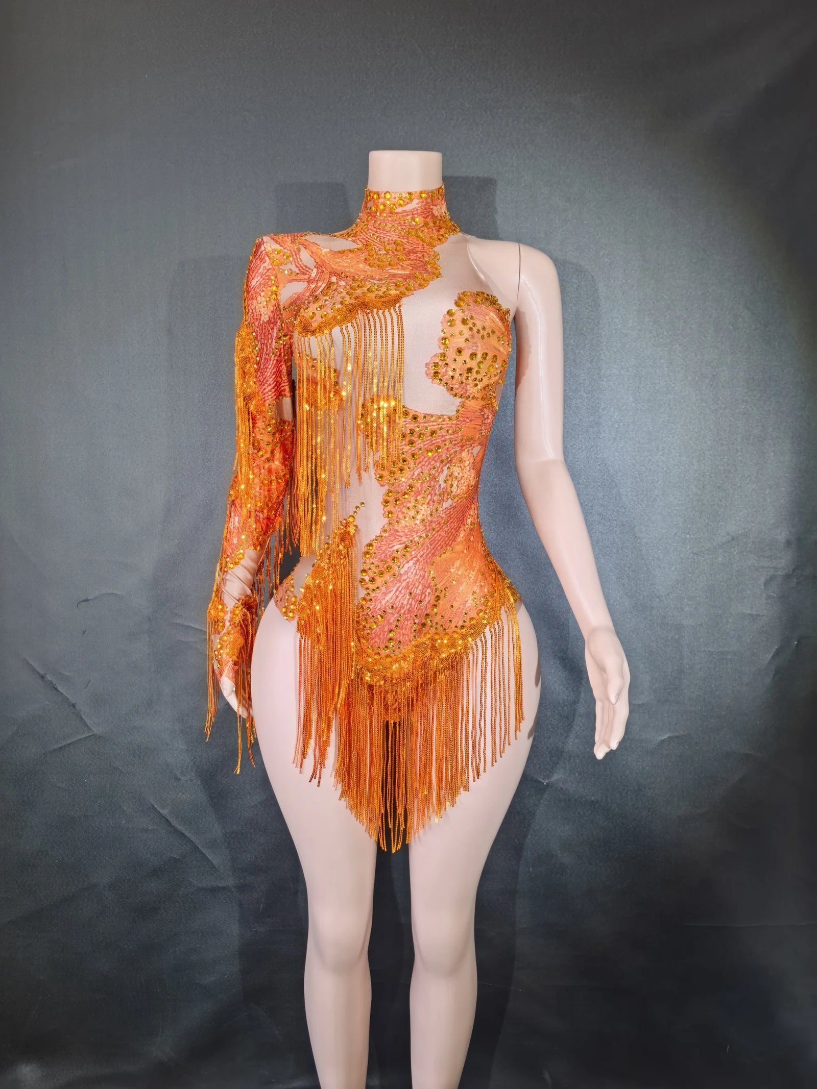 Women's Asymmetric Rhinestone Fringe Dance Bodysuit for Stage Performance Outfits