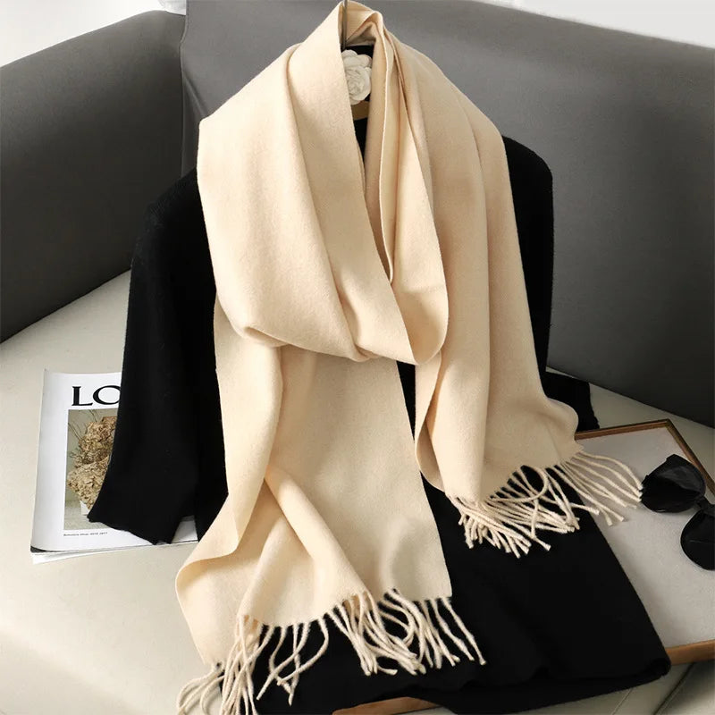 Solid Long Rectangular Scarf with Decorative Fringe Trim