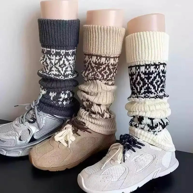 Patterned Knit Leg Warmers with Foldable Ribbed Cuffs