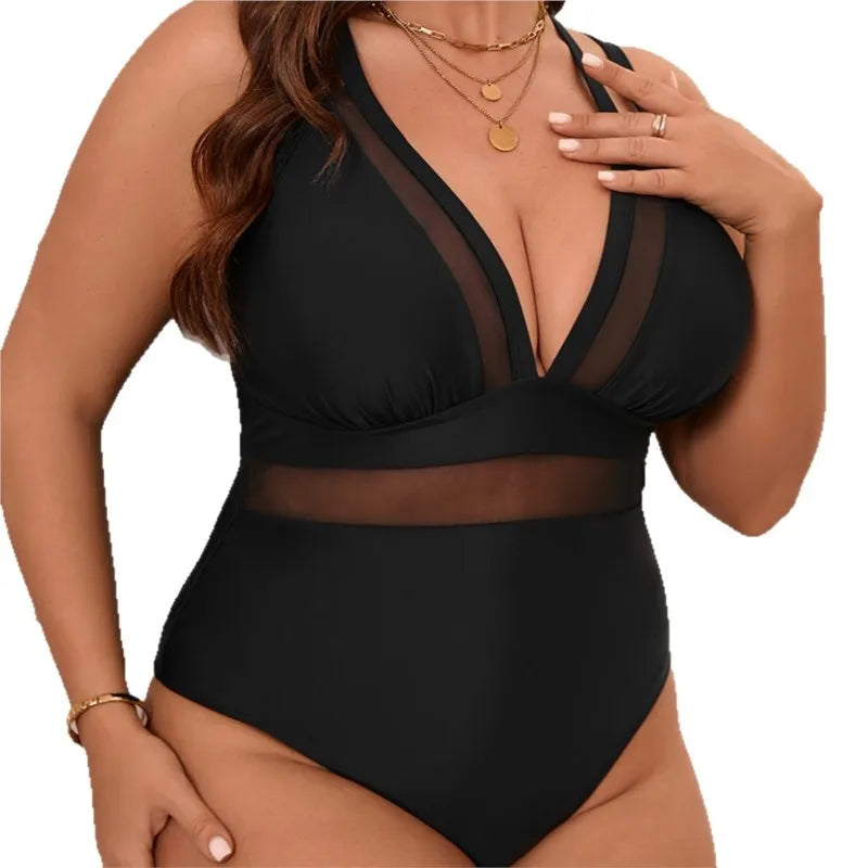 Women's Mesh Waist Strappy Plunge Neck One Piece Swimsuit