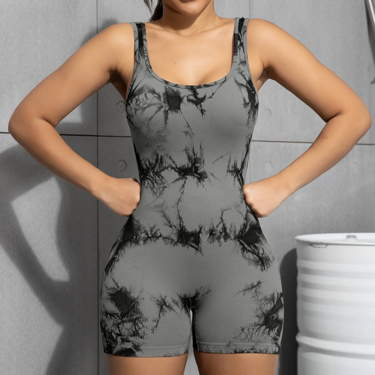 Women's Open Back Nylon Blend Workout Romper in Plain and Printed Styles