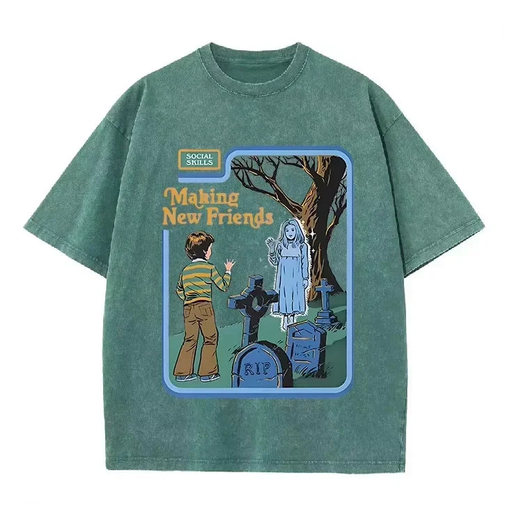 Green Acid Wash Making Friends Ghost Cemetery Vintage Halloween Tee