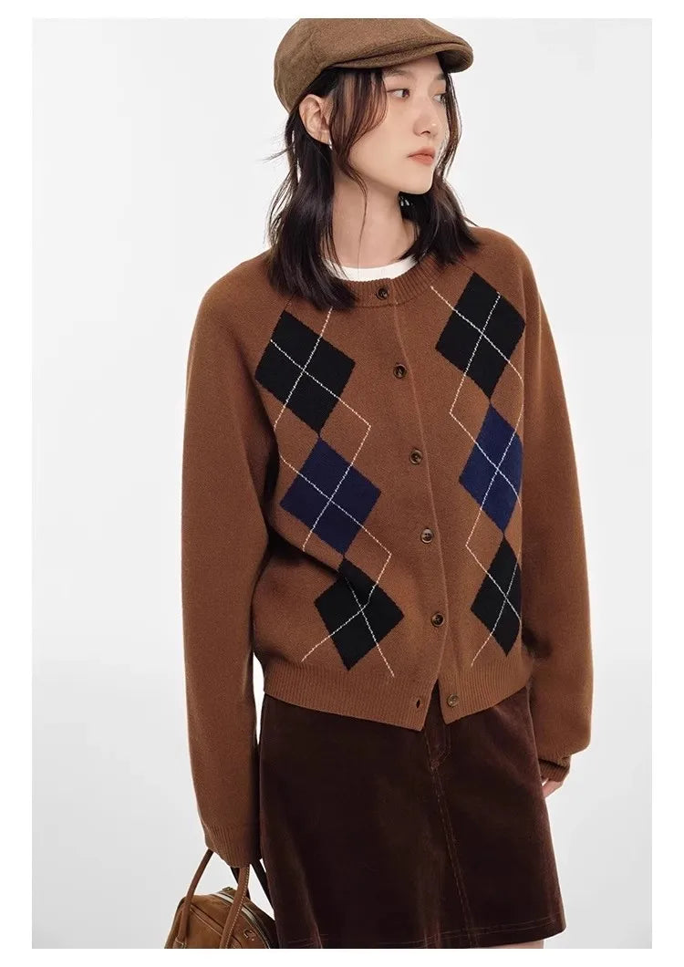 Autumn diamond-shaped cardigan women 100 pure cashmere sweater European high-end color-blocking knitted sweater coat