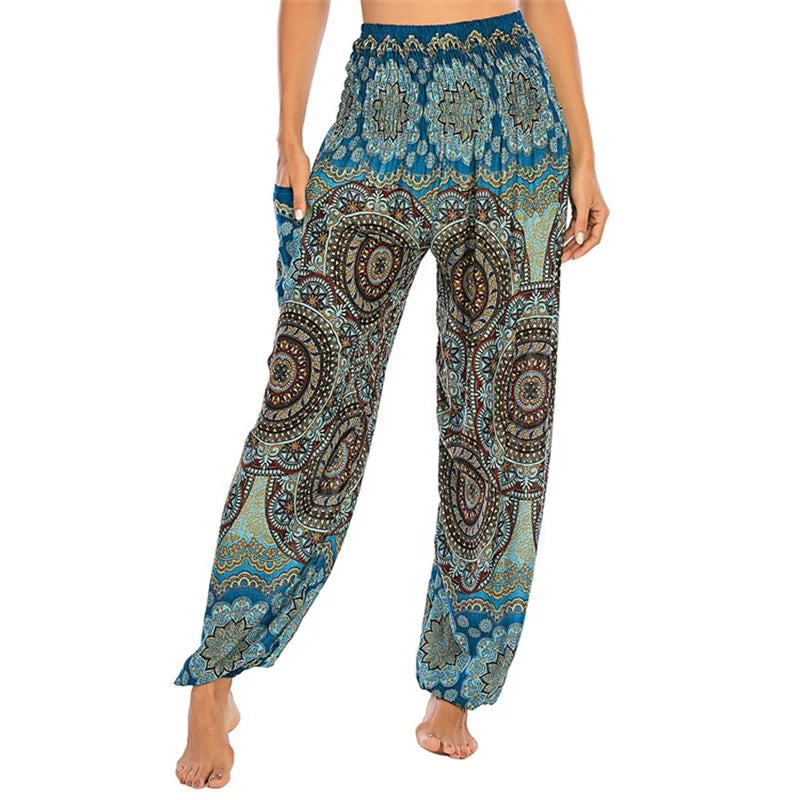 Women's Printed Rayon Harem Pants with High Waist and Gathered Ankles