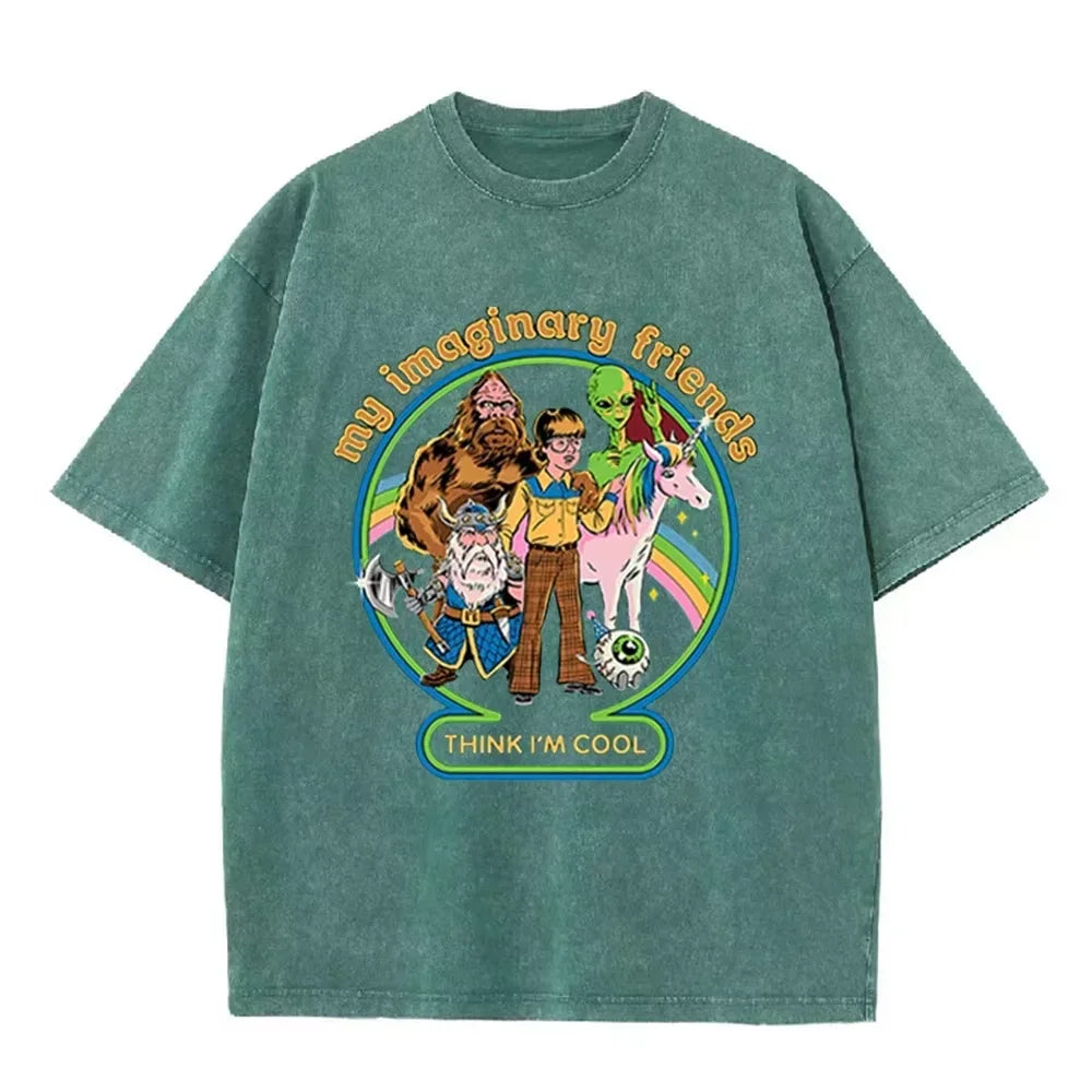 Brown Acid Wash Imaginary Friends Graphic Casual Retro Streetwear Tee