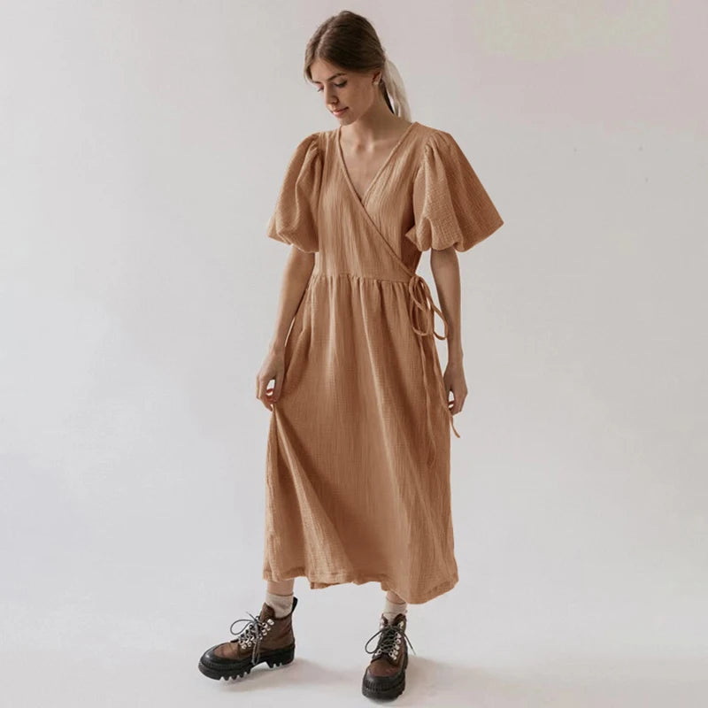 Women's Cotton V-Neck Short-Sleeve Loose A-Line Midi Dress for Casual Summer Outfits