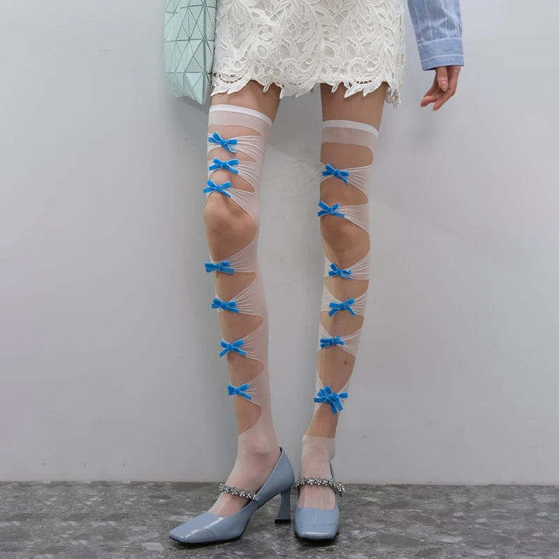 Sheer Lace Up Stockings with Decorative Ribbon Bow Details