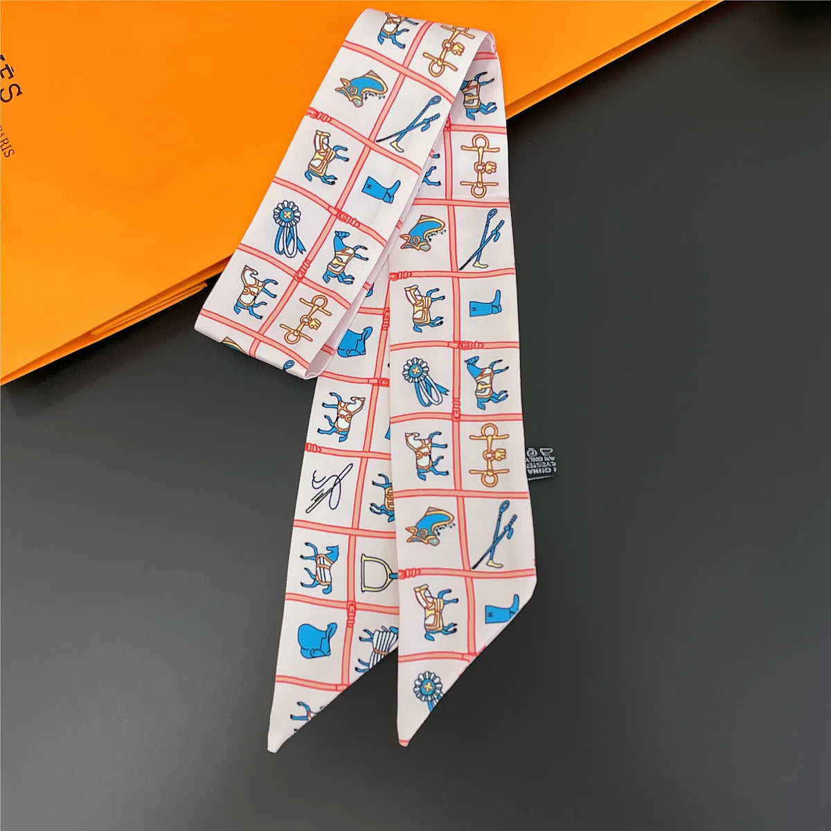 Colorful Printed Skinny Ribbon Scarf with Tie Ends
