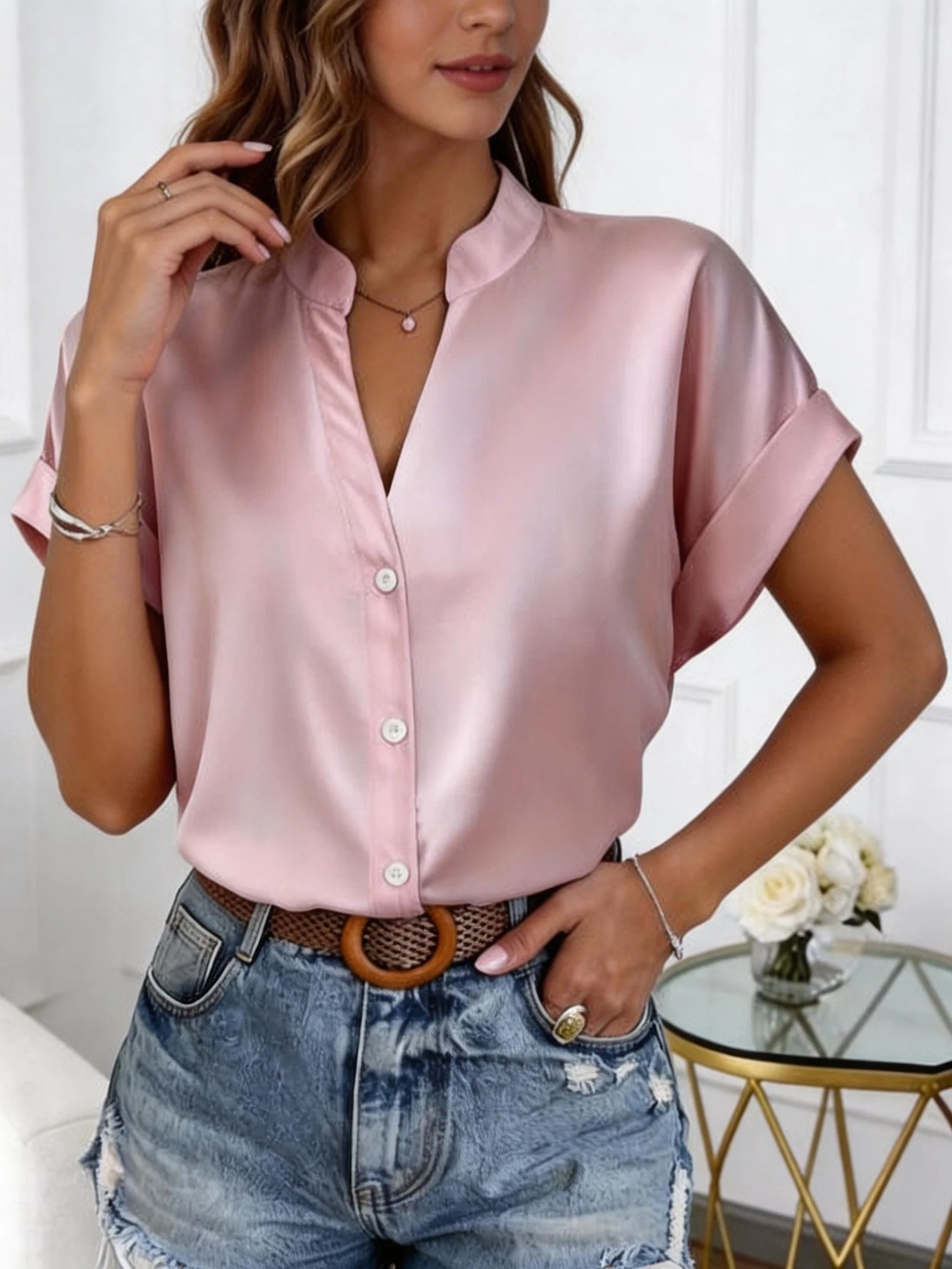 Women's V Neck Short Sleeve Button Front Blouse