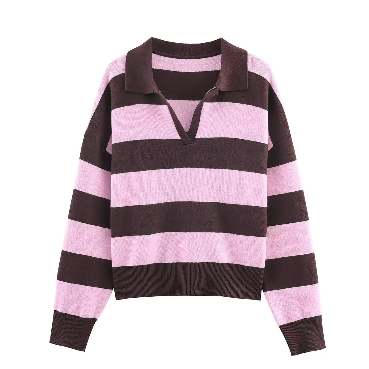 Women's Striped Polo Collar Loose Fit Sweater Casual Knit Layer